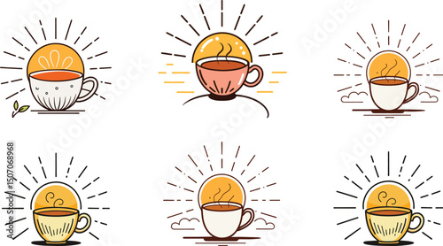 set of vintage coffee cups with sunbeams vector illustration, coffee restaurant logos