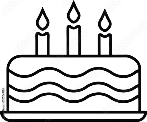 Black outlined birthday cake features three lit candles, over white background, transparent