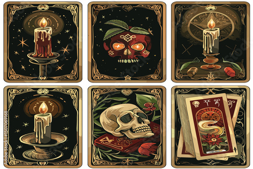 Fortune teller room with magic ball and tarot cards on table with red cloth. Vector cartoon interior of magician room with occult accessories for fate prediction, crystal, palmistry hand and candles