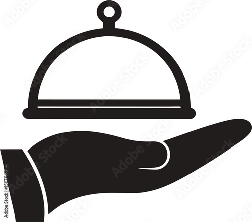 Simple black hand holds a silver serving platter in a minimalist design