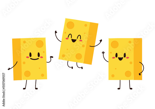 Cute happy cheese character. Funny food emoticon in flat style. Dairy emoji vector illustration.