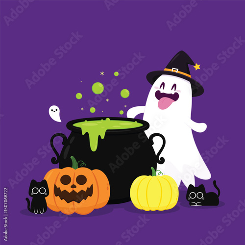 Cute ghost floating with Halloween pumpkin basket for Trick or Treat. Funny spooky boo character. Spook phantom with happy smiling face expression. Isolated kids flat vector illustration.
