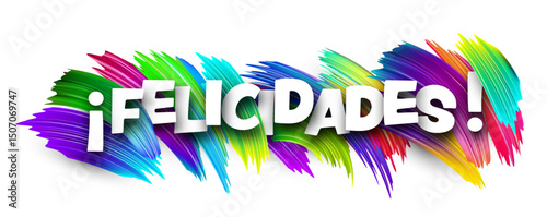 Spanish word meaning congratulations in bold white letters over vibrant multicolor vector brush strokes