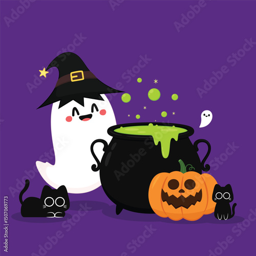 Cute ghost floating with Halloween pumpkin basket for Trick or Treat. Funny spooky boo character. Spook phantom with happy smiling face expression. Isolated kids flat vector illustration.
