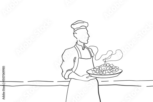 continuous line drawing of a male chef serving a dish.one line drawing of a chef with a plate of food.single line vector illustration.isolated white background
