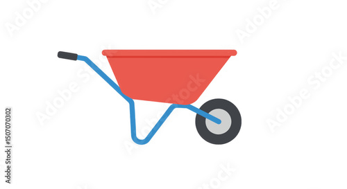 Bright red wheelbarrow with blue handles sits on a plain background ready for gardening or construction tasks