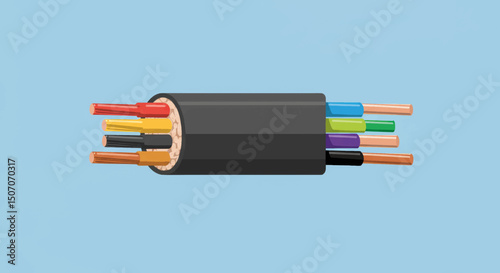 Colorful electrical wire bundle showcased against a blue background, highlighting technical aspects and safety measures in wiring