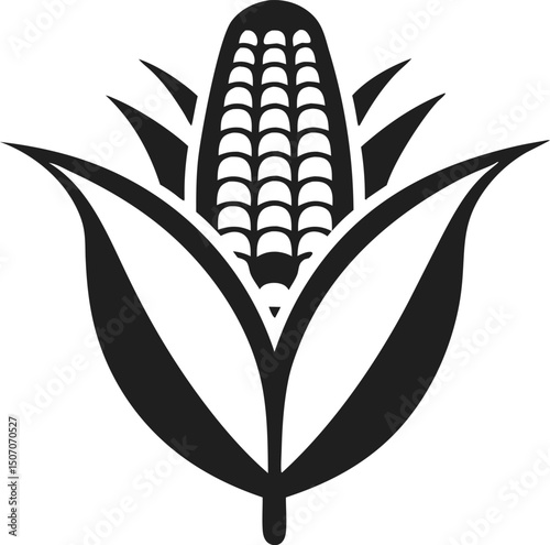 Black and white corn cob features symmetrical husk and kernel arrangement