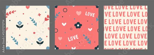 Set of seamless romantic patterns with flowers and hearts on beige and red background. Cute festive design for Valentine's Day, date and birthday. For printing on fabric, textile and wrapping paper.