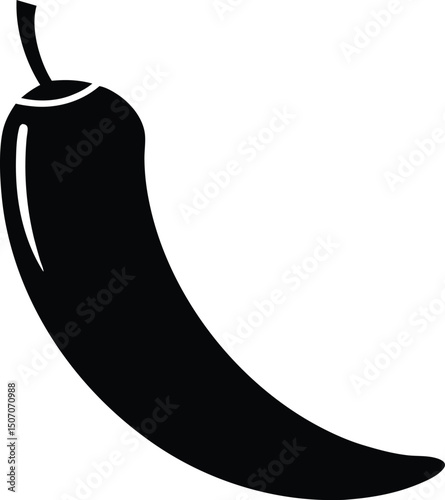 Single black silhouette shows a curved chili pepper with its stem on transparent background