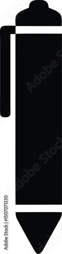 The sleek black pen stands upright against a stark white background, isolated perfectly