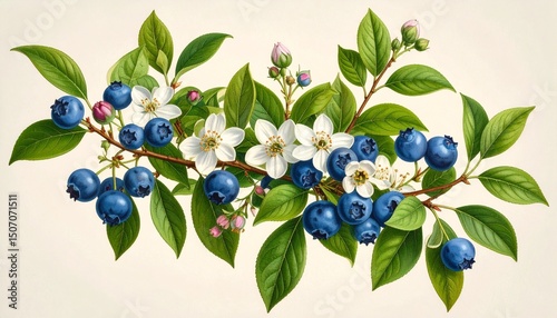 A detailed botanical illustration of the blueberry plant, showing flowers, leaves, and ripe berries — scientific style on cream background
