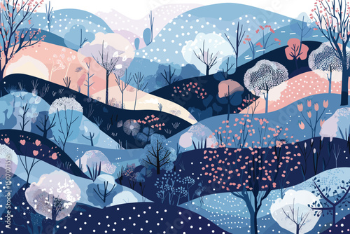 Winter snowy landscape, forest trees and hills with copy space. Hand sketch. Perfect content for Mock-up, greeting cards, wallpaper, postcard, poster, napkin, textile and other creative projects.