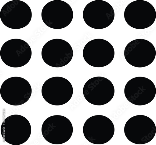 Sixteen black circles arranged in a perfect four by four grid over white