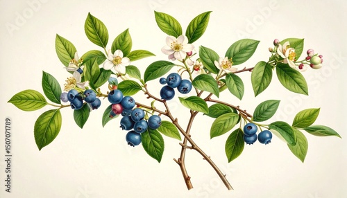 A detailed botanical illustration of the blueberry plant, showing flowers, leaves, and ripe berries — scientific style on cream background