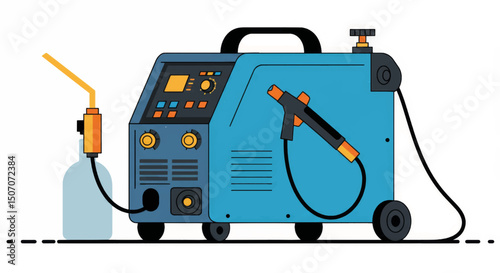 Welding machine setup for metalworking in a workshop environment during day time