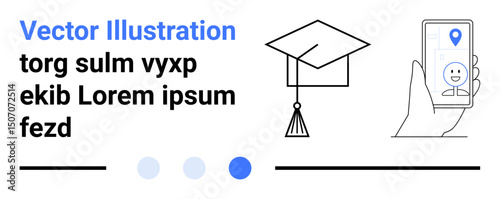 Graduation cap next to a smartphone displaying a geolocation pin, blue text, and placeholder elements. Ideal for education, e-learning, navigation, mobile apps, technology, connectivity simple