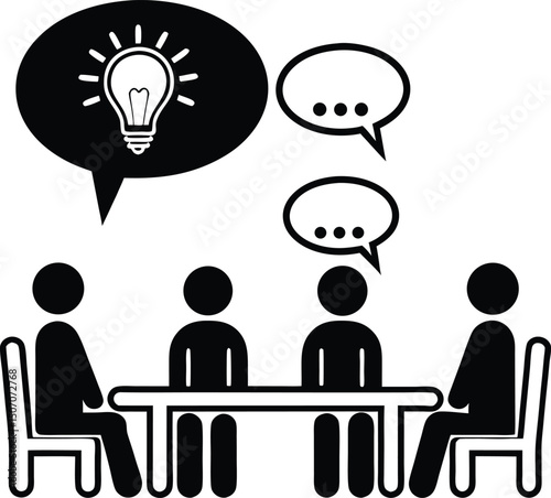 A black and white illustration of people sitting at a table brainstorming ideas and sharing thoughts