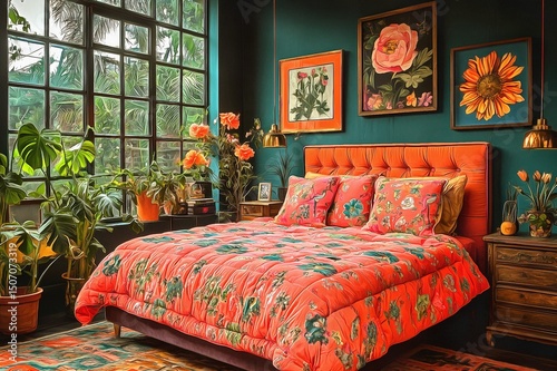 Design a kitsch-style bedroom featuring velvet furniture kitschy wall art and bold floral prints mixing glam and eccentricity interior