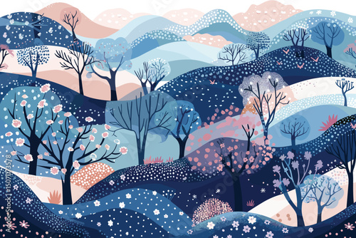 Winter snowy landscape, forest trees and hills with copy space. Hand sketch. Perfect content for Mock-up, greeting cards, wallpaper, postcard, poster, napkin, textile and other creative projects.