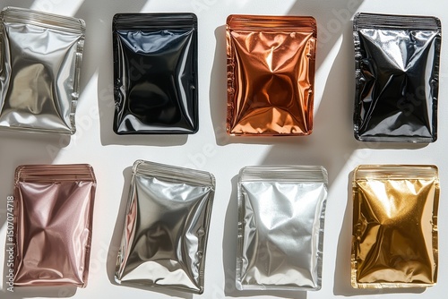Assorted Metallic Foil Pouches in Various Colors Arranged on a White Background with Shadows