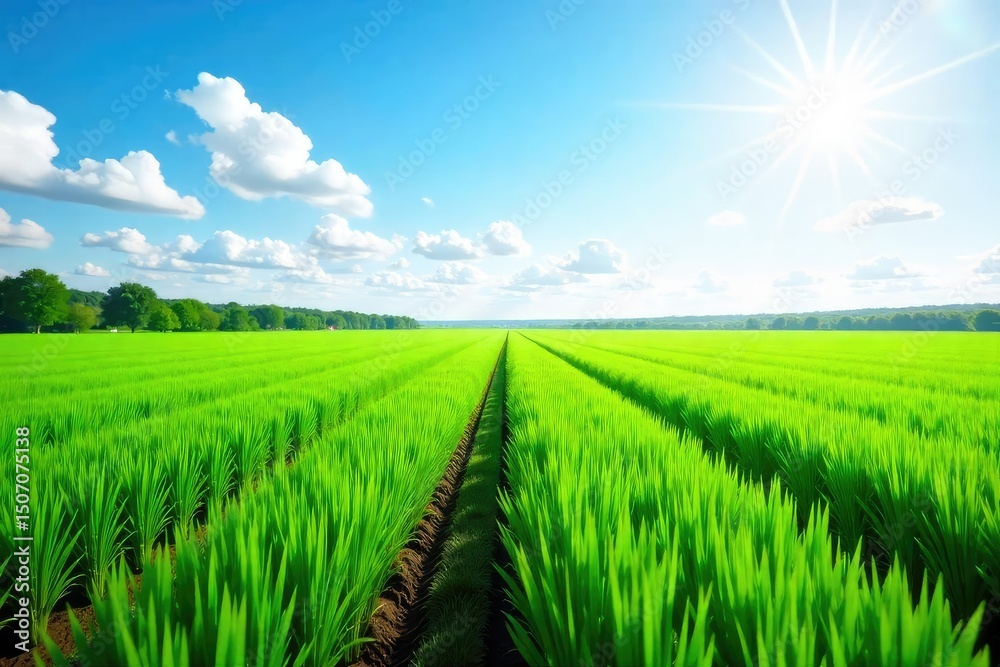 Fototapeta premium A lush green field of newly planted crops stretches to the horizon under a bright, sunny sky Perfect for agriculture, farming, and environmental themes , soil, oats