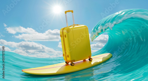 Bright yellow suitcase balances on a surfboard in vibrant ocean wave under sunny sky