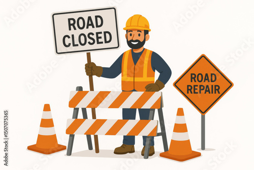 Construction worker road repair holding road closed sign safety vest hard hat traffic cones barriers warning street maintenance infrastructure work vector illustration