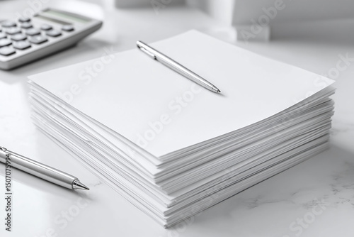 Organized desk with financial forms, calculator, and pen in clean workspace environment