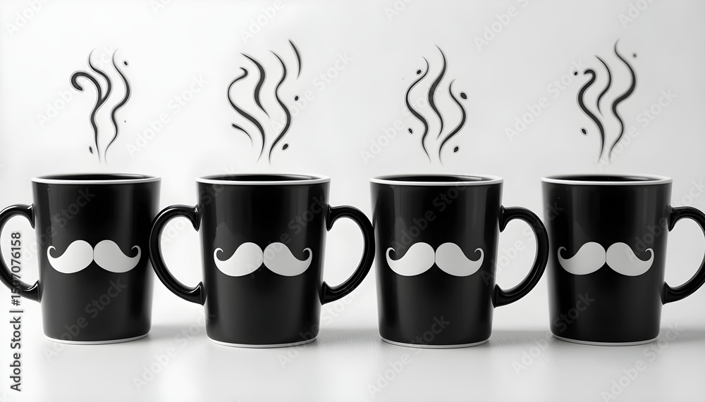 Obraz premium Black coffee mugs with mustache design hot drink beverage cafe morning breakfast coffee break caffeine steam