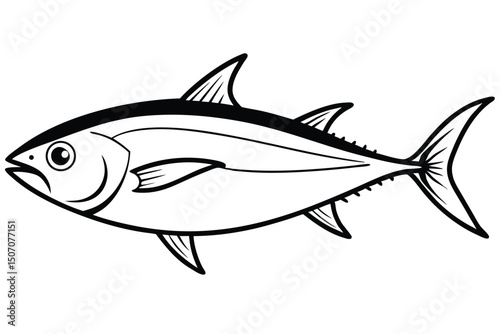 Black and White Illustration of a Tuna Fish with Fins and Tail Outline