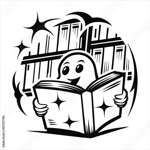 Ghost reading a book in an old library magical li