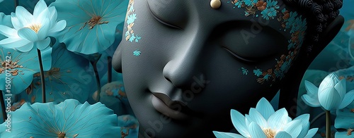 3D Buddha face with white flowers and a gold wallpaper background, with a grey stone texture