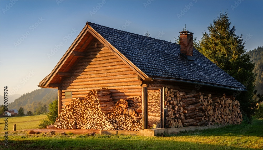 Obraz premium wood logs stacked neatly by a rustic dwelling in morning light