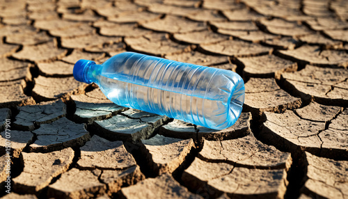 A blue plastic water bottle lies on the dried, cracked earth, symbolizing environmental stress, drought and water scarcity.