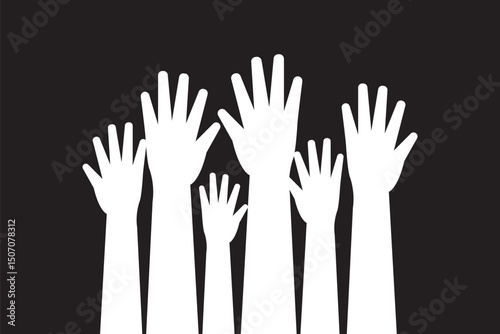 series of silhouetted hands raised high in unison icon vector illustration on Transparent Background. EPS 10