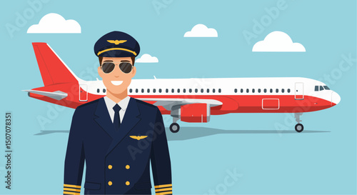 Young businessman smiling in sunglasses near a private jet, ready for travel, illustration of pilot in command of flight, aircraft