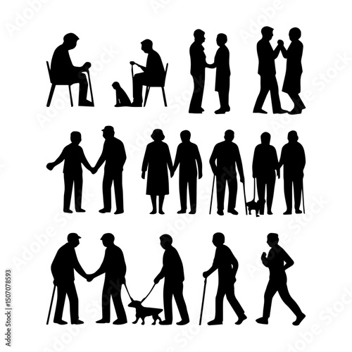 Vector silhouettes of elderly couples in good or bad times