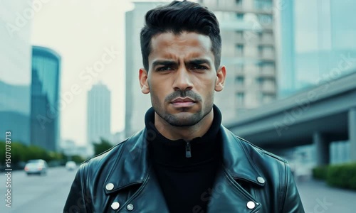 Horizontal video, man in a black leather jacket against a big city background