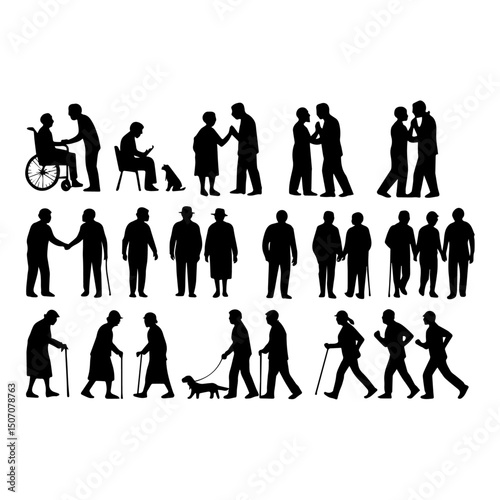 Vector silhouettes of elderly couples in good or bad times