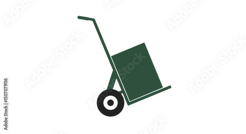 Heavy-duty hand truck positioned against a wall in a warehouse setting during daylight