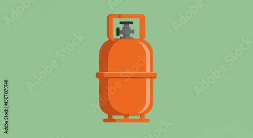 Bright orange gas cylinder standing upright against a solid green background for industrial and safety purposes