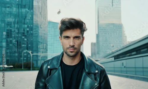 Horizontal video, man in a black leather jacket against a big city background