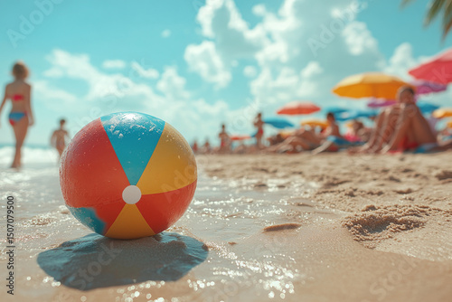 Playful beach day with kids tossing a beach ball between colorful umbrellas and towels, set against a seaside backdrop
