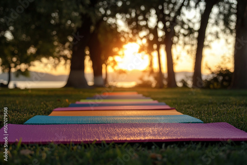 Sunlit park yoga session with group of women on mats doing downward dog in calm morning setting
