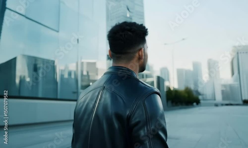 Horizontal video, man in a black leather jacket against a big city background
