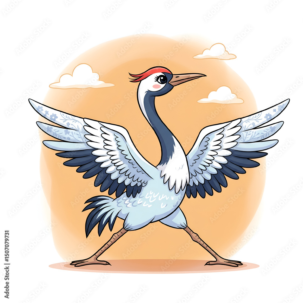Obraz premium Cute Cartoon Red-Crowned Crane in Warrior II Yoga Pose
