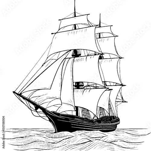 Illustration of a majestic sailing ship on the water with billowing sails silhouette