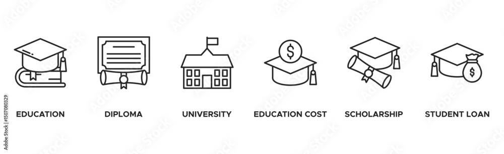 Scholarship banner web icon vector illustration concept with icon of education, diploma, university, education cost, scholarship, loan student Scholarship banner web icon vector illustration concept with icon of education, diploma, university, education cost, scholarship, loan student