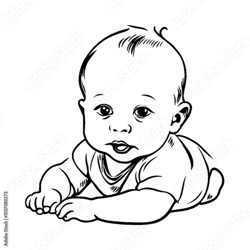 Baby drawing illustration of a cute infant lying down with curious expression silhouette
